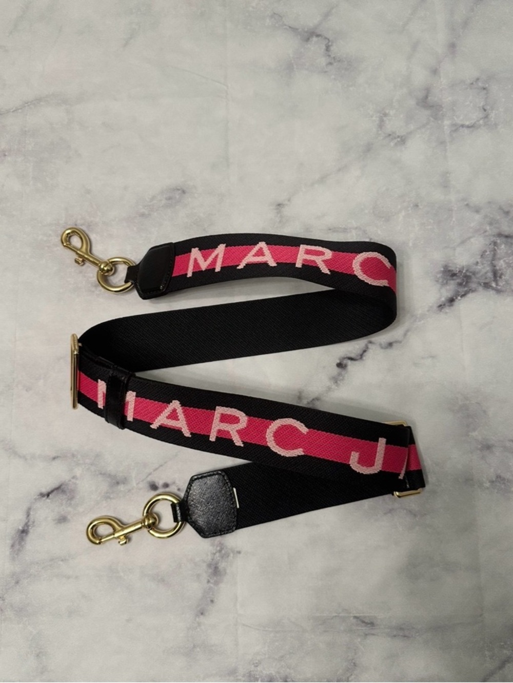 Marc Jacobs Black and Pink Logo Webbing Strap with Gold Hardware